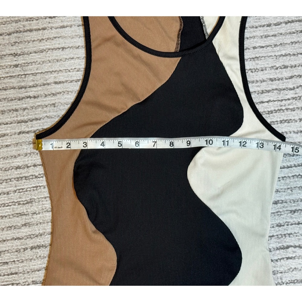 SHEIN‎ Women Wavy Colorblock Ribbed Bodycon Mini Dress Tan Black Cream Size 6 M - Picture 3 of 7